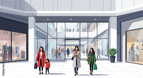 A brightly lit modern shopping mall interior features people browsing and walking through the spacious corridor