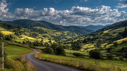 Serene Countryside Landscape with Rolling Hills, Lush Green Fields, and Dramatic Cloudy Sky in the Heart of Nature