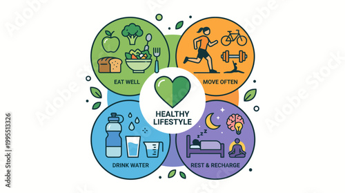 Healthy lifestyle infographic with eat well move often drink water rest and recharge