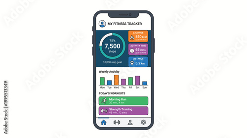 Mobile phone with fitness tracker app on screen showing daily activity