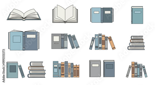 Collection of Stacked Books and Open Books, Library and Education Icons
