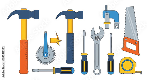 Collection of Tools: Hammer, Saw, Wrench, Screwdriver, Tape Measure, Gear