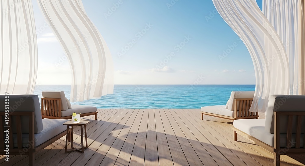 Fototapeta premium Luxurious tropical resort deck with lounge chairs overlooking turquoise ocean and clear blue sky, perfect for vacation and relaxation.