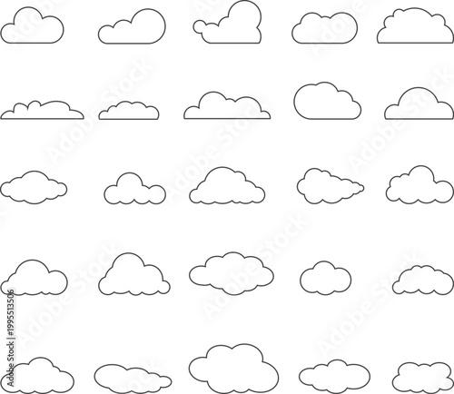 Vector set of twenty five minimalist cloud outline icons in various shapes for weather design