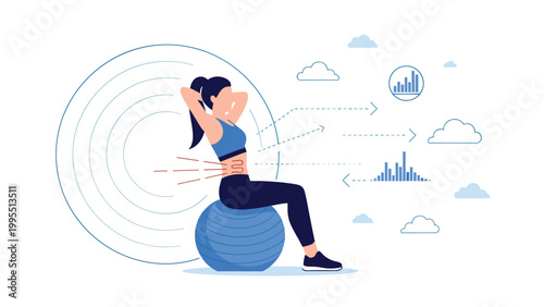 Athletic woman performs core stability exercises on a blue fitness ball with data graphs representing her workout.