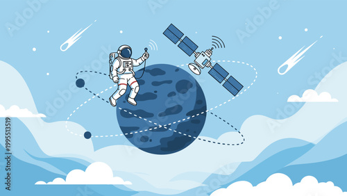 Astronaut explores the surface of a distant blue planet while satellites and meteors streak across the starry sky.