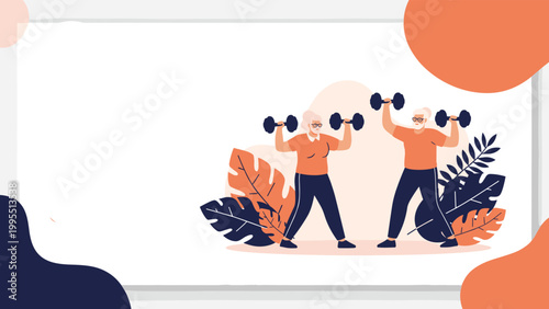 Active senior couple stays healthy by lifting dumbbells together in a bright and modern exercise space with leaves.
