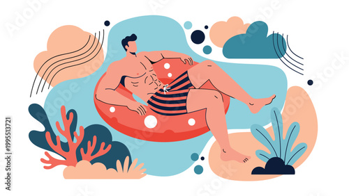 Fit young man in striped swim trunks relaxes on a red inflatable ring floating in a vibrant pool with coral and tropical plants.