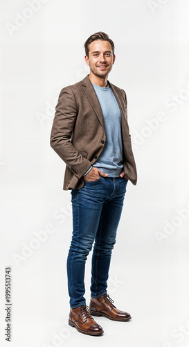 Professional man in blazer smiling outdoors