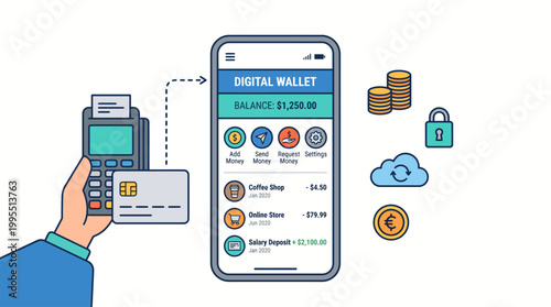 Digital wallet on smartphone with payment card and terminal