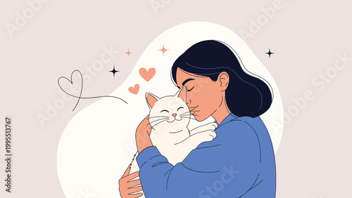Young woman with dark hair tenderly hugs a white cat in a heartwarming illustration filled with small heart symbols and a soft background.