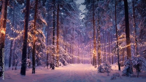 Enchanting Winter Forest with Twinkling Fairy Lights Creating a Magical Atmosphere Surrounded by Snow-Covered Trees in a Serene Setting