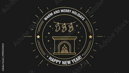 Golden holiday seal design includes a warm fireplace and wishes for a merry Christmas and a very happy New Year ahead.