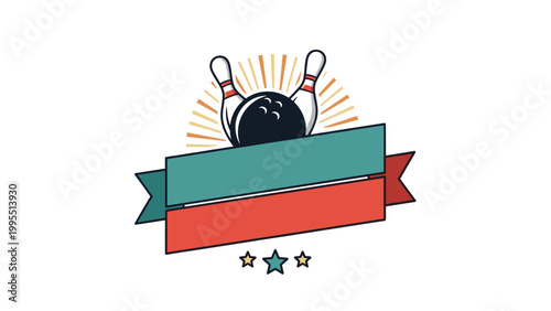 Sports themed bowling graphic shows a dark ball hitting pins behind a large blank ribbon that is ready for custom text.