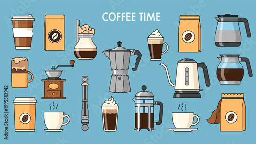Comprehensive collection of coffee brewing equipment and various drinks displayed under the heading of coffee time.