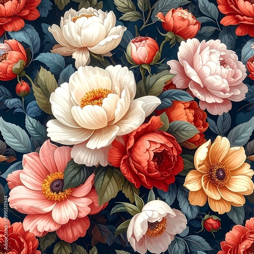 Close-up view of a floral pattern, with various vibrant flowers