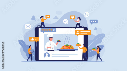 Social media marketing concept for food services shows people interacting with a digital tablet showing a professional chef.