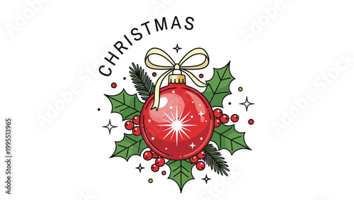 Traditional red Christmas bauble ornament is beautifully decorated with holly leaves and berries on a plain background.