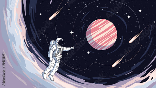 Stunning space illustration shows a lone astronaut floating through a dark galaxy with planets and shooting stars.