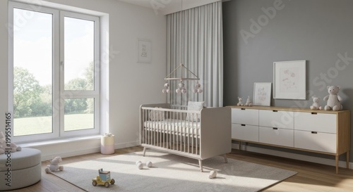 Bright nursery with a crib, window, dresser, toys, and soft decor