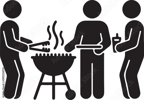Minimalist vector icon showing three friends at a cookout. One person grills food with tongs while others stand by with a plate and a bottle of sauce.