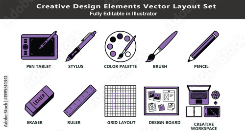 Design tools vector icons set, top view creative workspace symbols, pen tablet, stylus, palette, brush, pencil, grid layout CAD