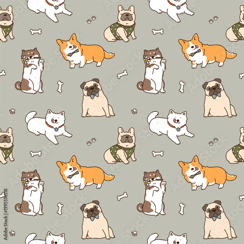 Seamless Pattern with Cute Cartoon Dog Design on Grey Background. Hand Drawn Vector Illustration. 