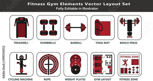 Fitness gym vector icons set, top view workout layout symbols, treadmill, dumbbells, barbell, yoga mat, cycling machine, training CAD design