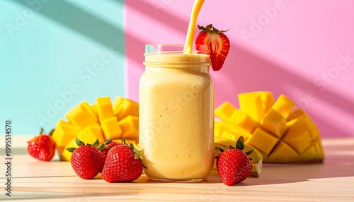 Refreshing mango smoothie pouring into a glass mason jar on a wooden table with fresh strawberries and bananas.