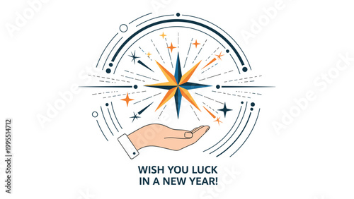 Human hand holding a bright yellow and blue compass star with radiating lines for a positive message wishing someone good luck in the new year.