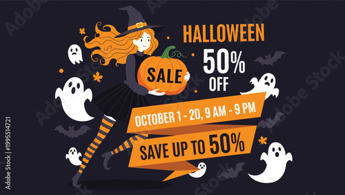 Vibrant halloween sale banner featuring a witch holding a pumpkin with ghosts and bats advertising a fifty percent discount for the october holiday.