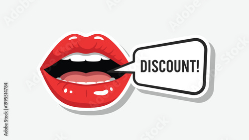 Close up of bright red lips with white teeth open to reveal a speech bubble containing the word discount for promotional sales.