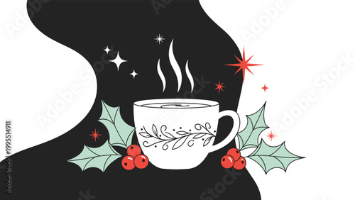 Steaming white cup of coffee or tea decorated with a leaf pattern and surrounded by red holly berries on a black background.