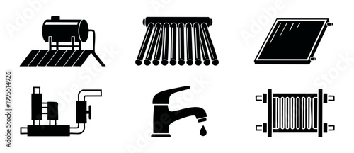 Solar Water Heating Icons Set - Renewable Energy Equipment Symbols for Residential and Industrial HVAC Systems, Including Thermal Collectors, Heat Exchangers, Plumbing Fixtures, and Sustainable Tech D