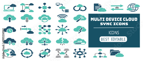 Collection of Modern Flat Cloud Computing and Data Sync on white background.