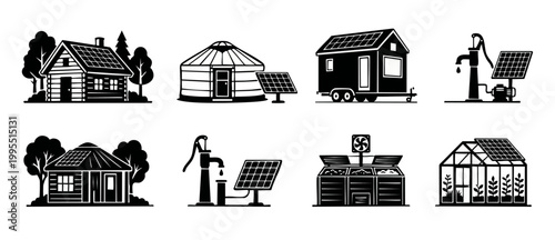 Sustainable Living Off-Grid Icons Set Featuring Solar Power Energy Systems, Tiny Houses, Yurts, Water Pumps, and Greenhouses for Eco-Friendly Architecture and Renewable Infrastructure Projects Design