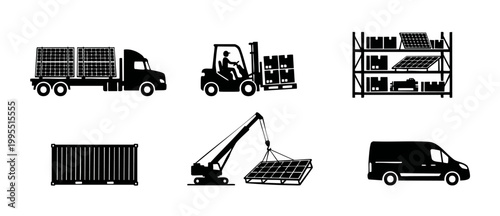 Solar Energy Logistics Icon Set, Transportation and Warehouse Equipment Vector Illustrations, Sustainable Supply Chain Cargo Handling, Renewable Energy Infrastructure Shipment Symbols, Commercial Deli