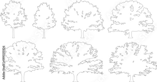 Minimalist tree outline vector set, 7 deciduous tree silhouettes for architectural site plans, thin line art forest plant collection