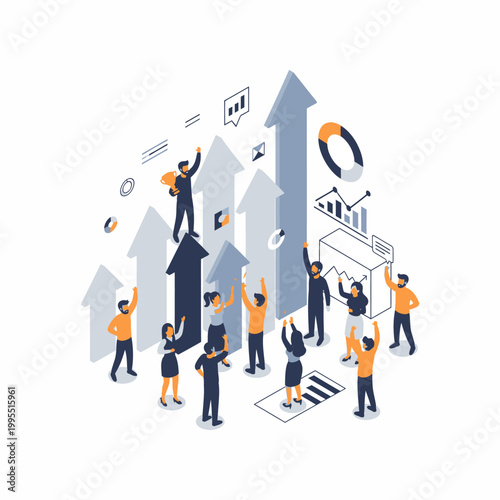 Isometric illustration of business people collaborating to achieve growth and success.