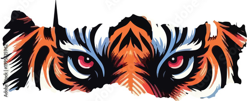 Close-up of intense tiger eyes with vibrant orange and black stripes on white background