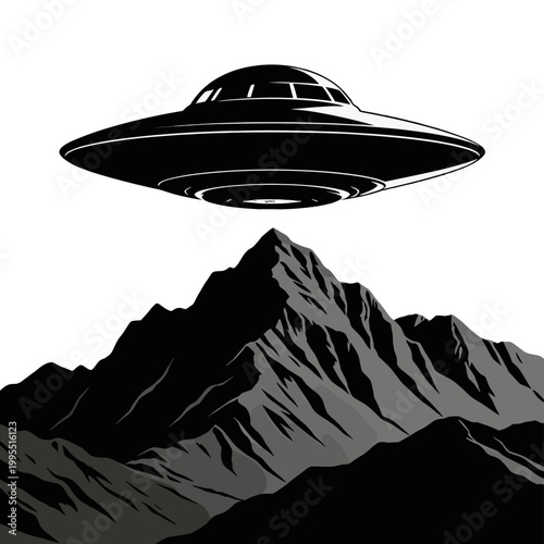 UFO flying saucer flies over mountain range isolated vector graphic design 