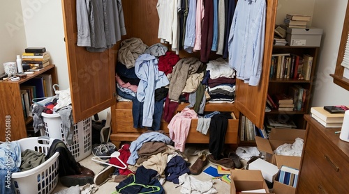 Messy Bedroom With Clothes Scattered Everywhere.