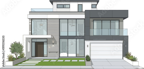 Modern luxury house exterior with flat roof, glass windows and garage