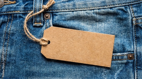Blank Brown Tag On Blue Denim Pocket.