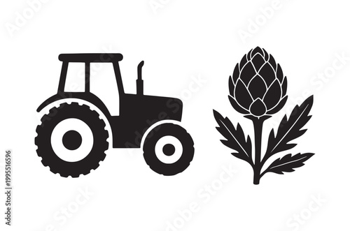 Black and white illustration of a tractor and an artichoke plant
