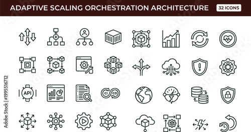 Adaptive scaling orchestration architecture outline icon set featuring cloud infrastructure integration automation vector collection for dashboards interfaces presentations applications platforms