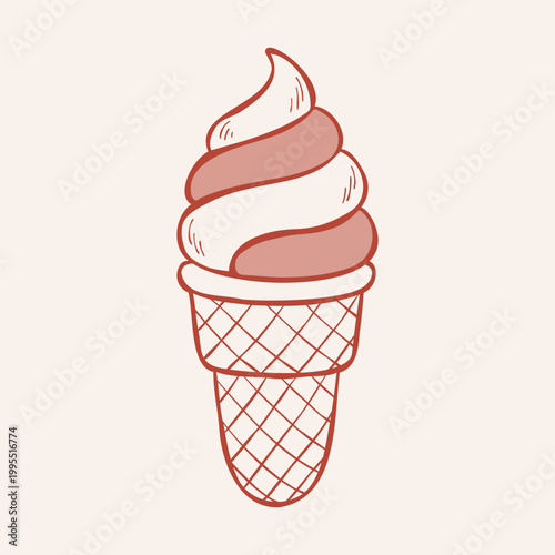 Hand-drawn outline illustration of a two flavor soft ice cream in a waffle cone. Isolated vector clip art for sticker, dessert menu, cafe logo, packaging design, or advert.