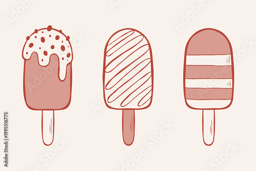Collection of three hand-drawn ice lolly with different toppings. Line illustration isolated on a creamy background. Ice cream vector clip art for sweet menu, packaging design, poster, or sticker.