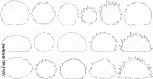 Minimalist bush outline icons, set of 15 garden shrub vector silhouettes, thin line landscape greenery symbols for architectural site plans