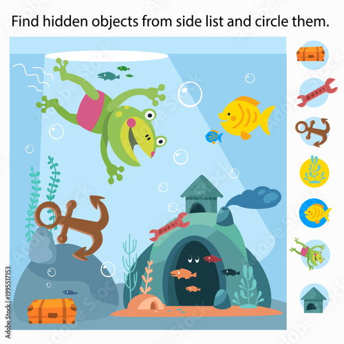 Find hidden objects from side list and circle them underwater world game. Cute frog diver explores deep ocean with yellow fish anchor and treasure chest near stone house. Educational vector puzzle